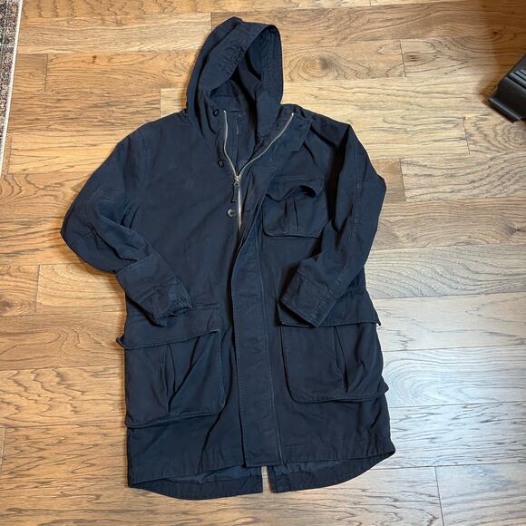 Mens Black Hooded Utility Parka Jacket Long Sleeve Full Zip Pockets - Picture 2 of 11